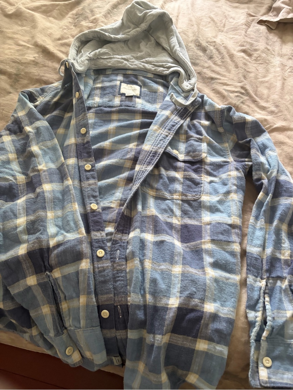 American Eagle Outfitters Light Blue and Navy Plaid Hooded Shirt